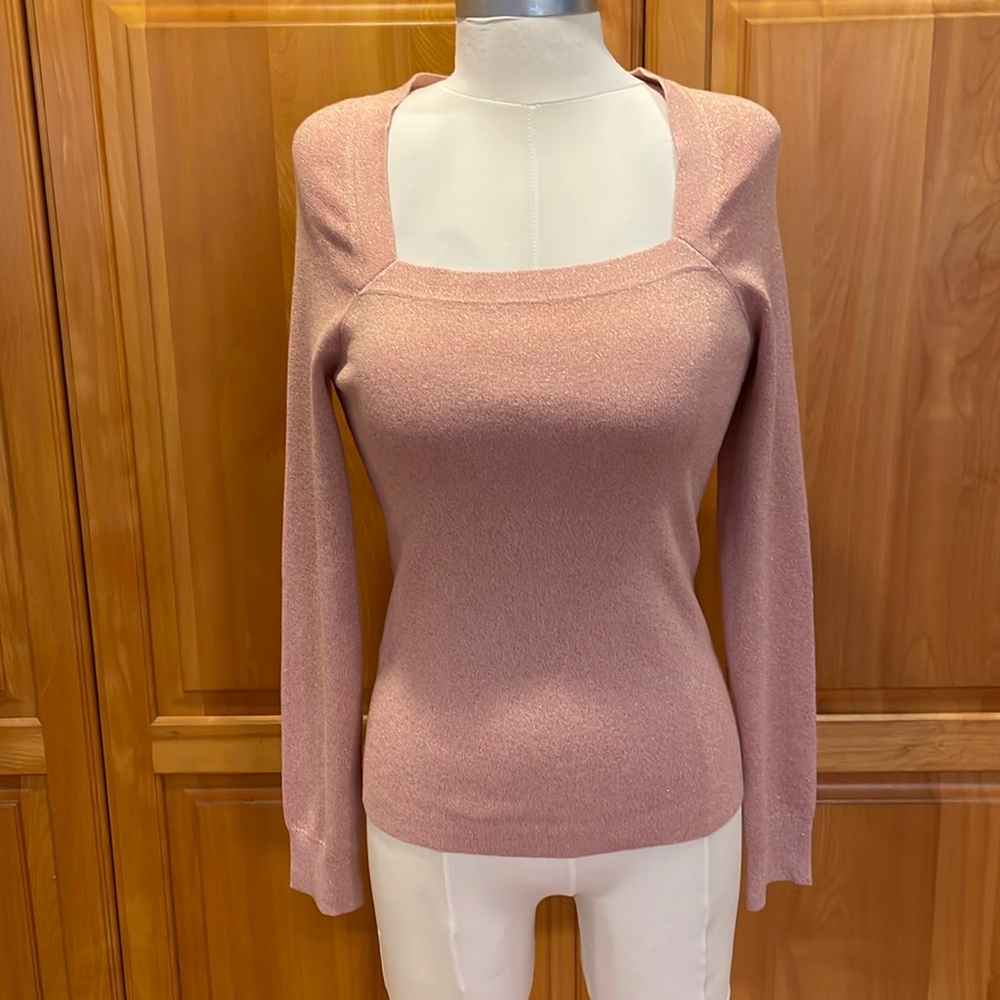 White House Black Market 
Square neck sweater
Color pink blush with Lurex